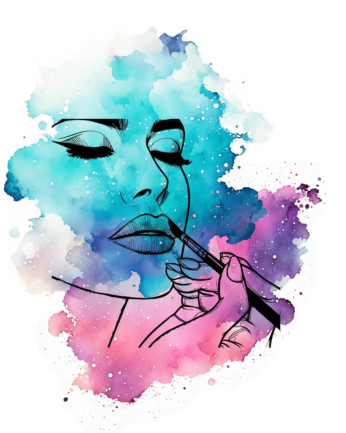 Makeup Moment Wall Art – Watercolor Beauty Line Drawing in Teal, Pink & Purple (Digital Download)