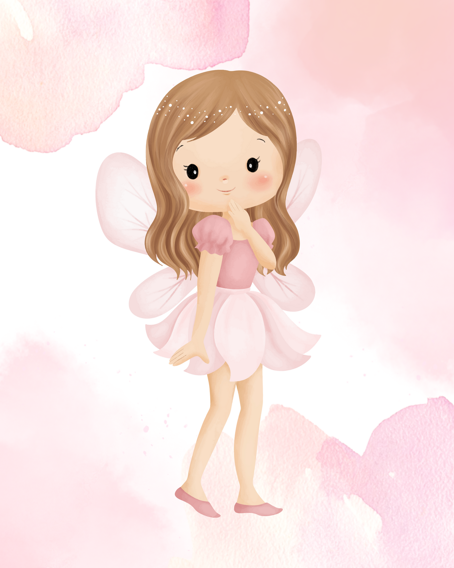 Pink Fairy Girl Wall Art – Watercolor Nursery Print for Baby Girl Room (Digital Download)