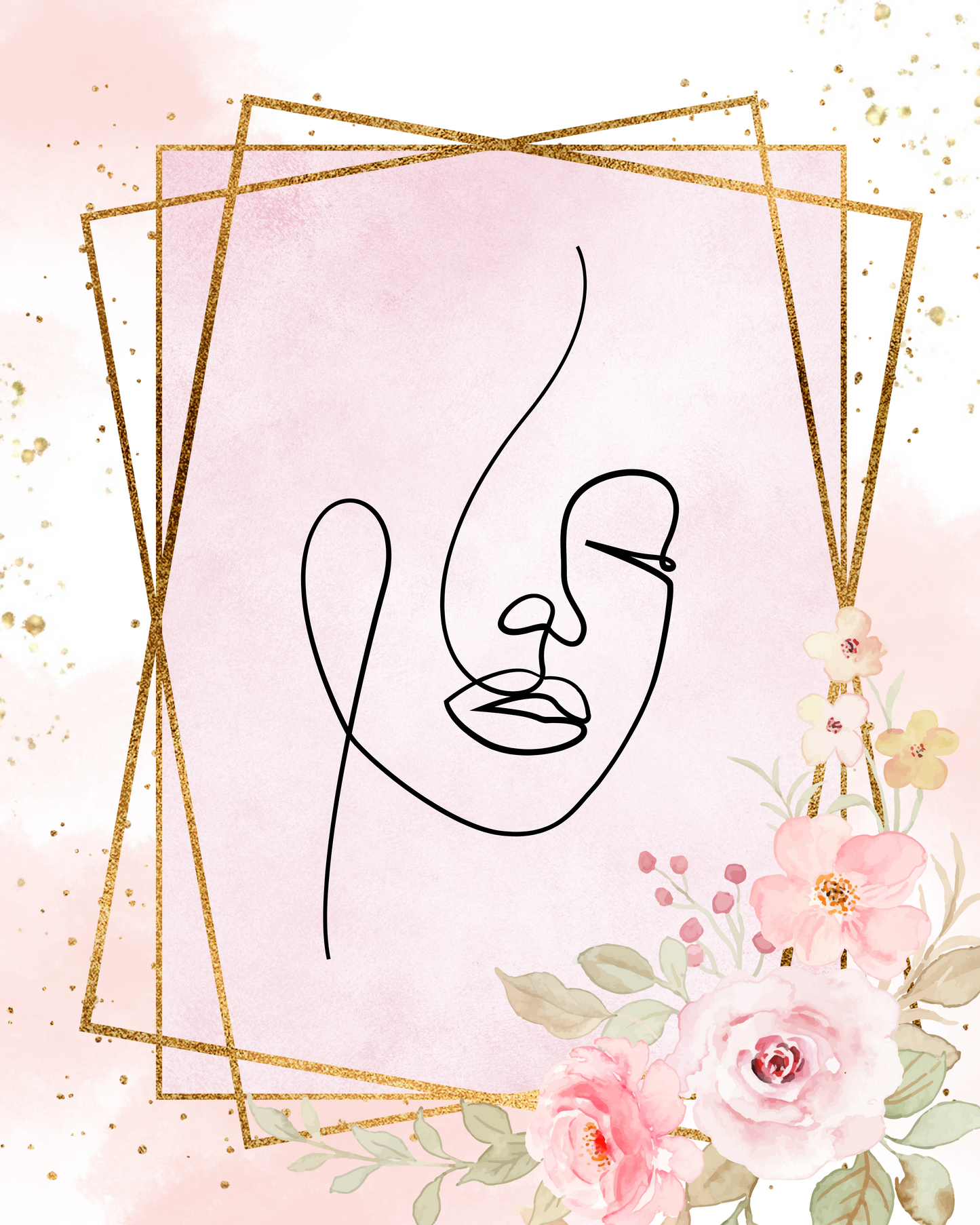 Blush Floral Line Art Face Print – Pink & Gold One Line Drawing Wall Art (Digital Download)