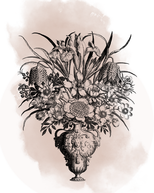 Vintage Floral Vase Wall Art – Ornate Botanical Line Drawing with Blush Watercolor (Digital Download)