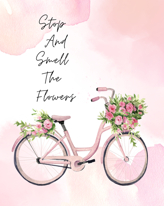 Stop and Smell the Flowers – Pink Bicycle Floral Watercolor Wall Art (Digital Download)
