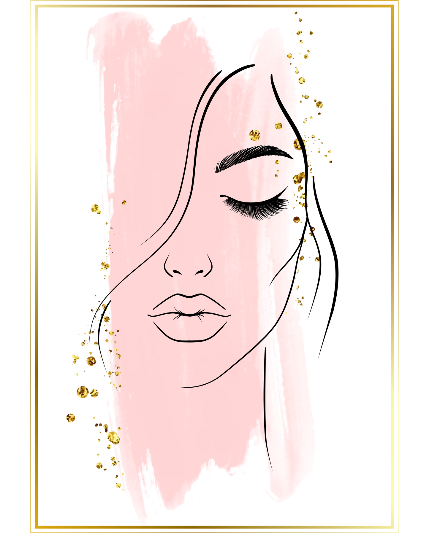 Blush Glam Woman Line Art – Pink & Gold Minimalist Face Print (Digital Download)