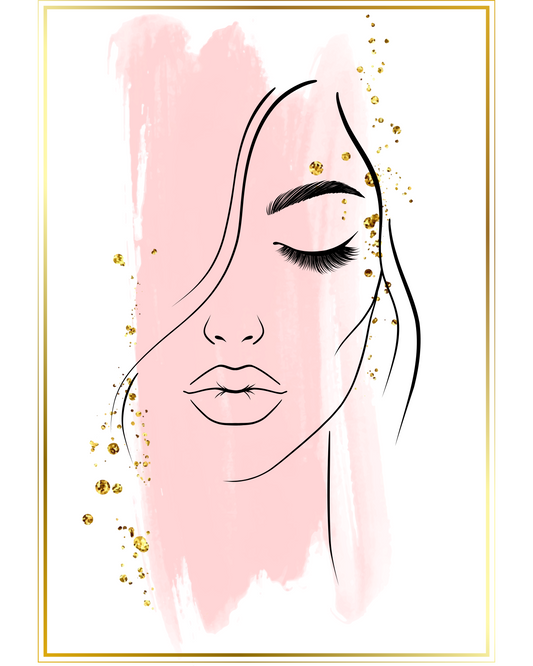 Blush Glam Woman Line Art – Pink & Gold Minimalist Face Print (Digital Download)
