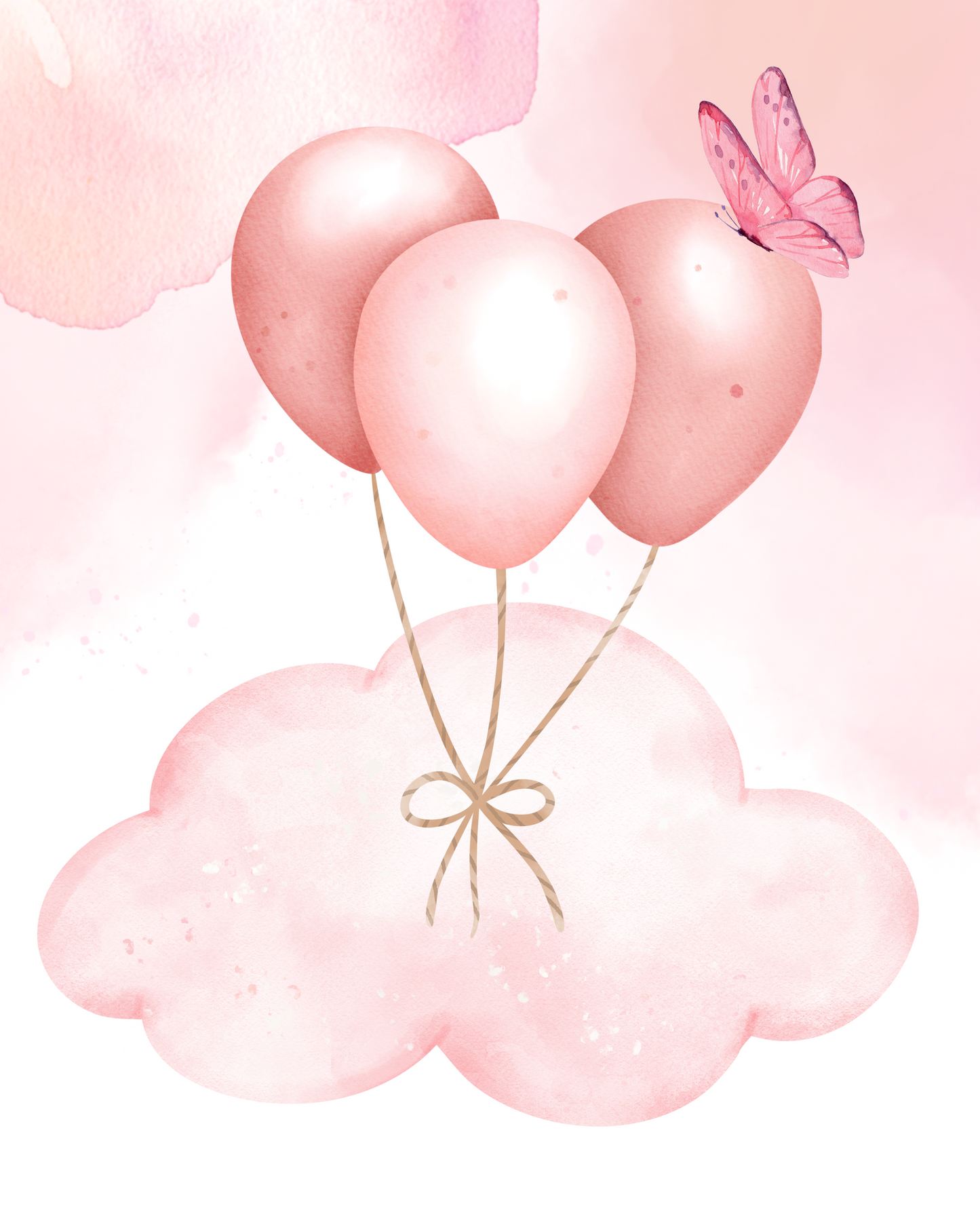 Pink Balloon & Cloud Nursery Wall Art – Watercolor Butterfly Print for Baby Girl Room (Digital Download)