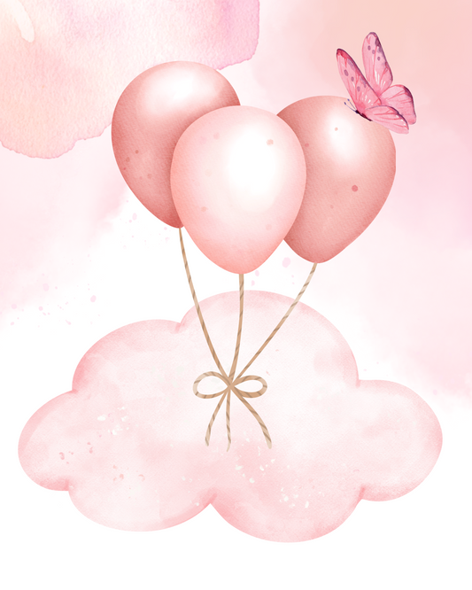 Pink Balloon & Cloud Nursery Wall Art – Watercolor Butterfly Print for Baby Girl Room (Digital Download)